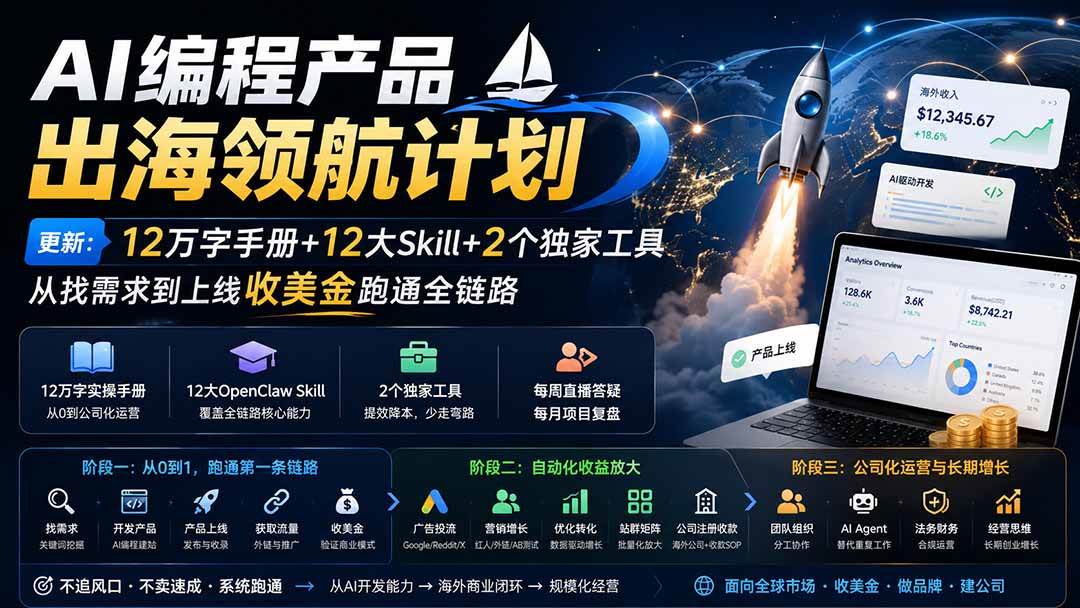 （20099期）AI编程产品出海领航计划-更新：12万字手册+12大Skill+2个独家工具，从找需求到上线收美金跑通全链路-优优云网创