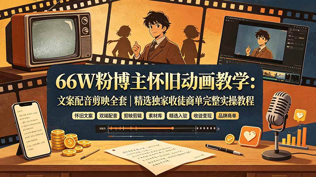 （19499期）66W粉博主怀旧动画教学：文案配音剪映全套｜精选独家收徒商单完整实操教程-优优云网创