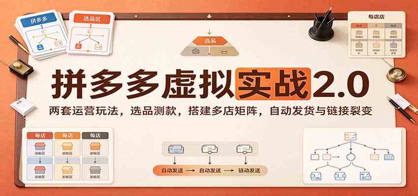 拼多多虚拟实战2.0：两套运营玩法，选品测款，搭建多店矩阵，自动发货与链接裂变-优优云网创