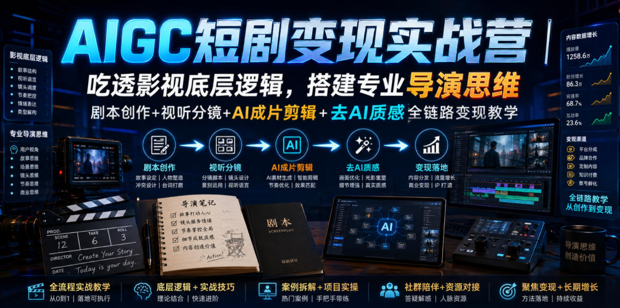 AIGC短剧变现实战营｜吃透影视底层逻辑，搭建专业导演思维，剧本创作+视听分镜+AI成片剪辑+去AI质感全链路变现教学-优优云网创