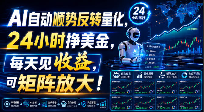 AI自动顺势反转量化，24小时挣美金，每天见收益，可矩阵放大！【揭秘】-优优云网创
