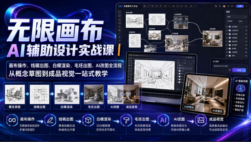无限画布AI辅助设计实战课｜画布操作、线稿出图、白模渲染、毛坯出图、AI改图全流程，从概念草图到成品视觉一站式教学（更新0923）-优优云网创