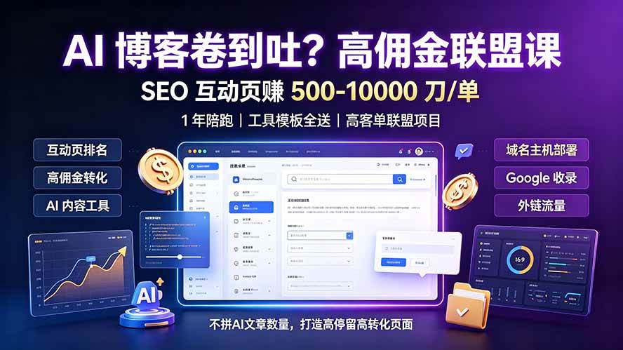 (19390期)AI 博客卷到吐?高佣金联盟课:SEO 互动页赚 500-10000 刀 单,1 年陪跑 + 工具模板全送-优优云网创
