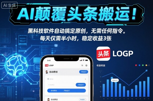 AI颠覆头条搬运！黑科技软件自动搞定原创，无需任何指令。每天仅需半小时，稳定收益3张【揭秘】-优优云网创