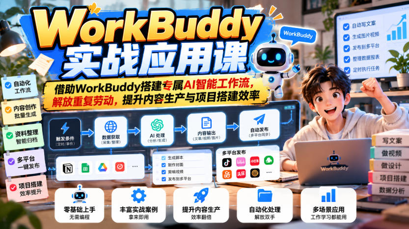 WorkBuddy实战应用课，借助WorkBuddy搭建专属AI智能工作流，解放重复劳动，提升内容生产与项目搭建效率-优优云网创
