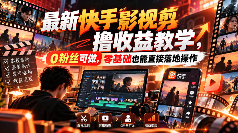 最新快手影视混剪撸收益教学，0粉丝可做，零基础也能直接落地操作-优优云网创