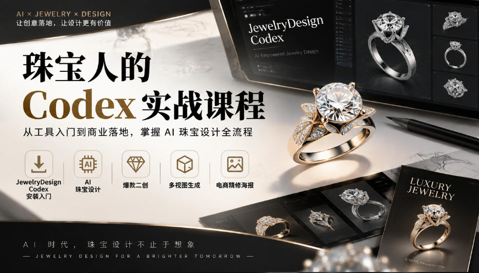 珠宝人的Codex实战课程｜JewelryDesign Codex安装入门、AI珠宝设计、爆款二创、多视图生成、电商精修海报全链路教学-优优云网创