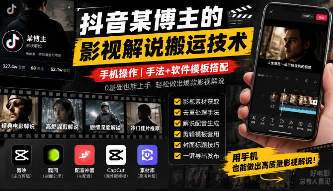 抖音某博主的影视解说搬运技术，手机操作，手法+软件模板搭配-优优云网创