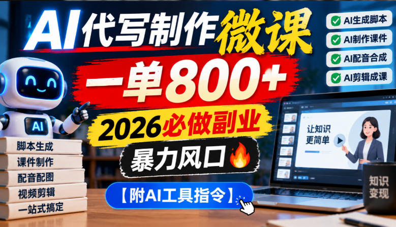 AI代写制作微课，一单800+，2026必做副业，暴力风口【附AI工具指令】【揭秘】-优优云网创