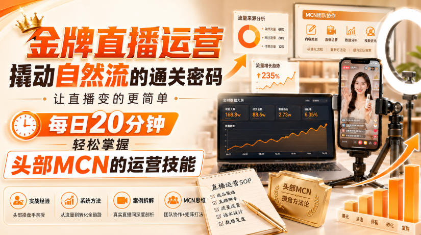 金牌直播运营撬动自然流的通关密码，让直播变的更简单，每日20分钟，轻松掌握头部MCN的运营技能-优优云网创