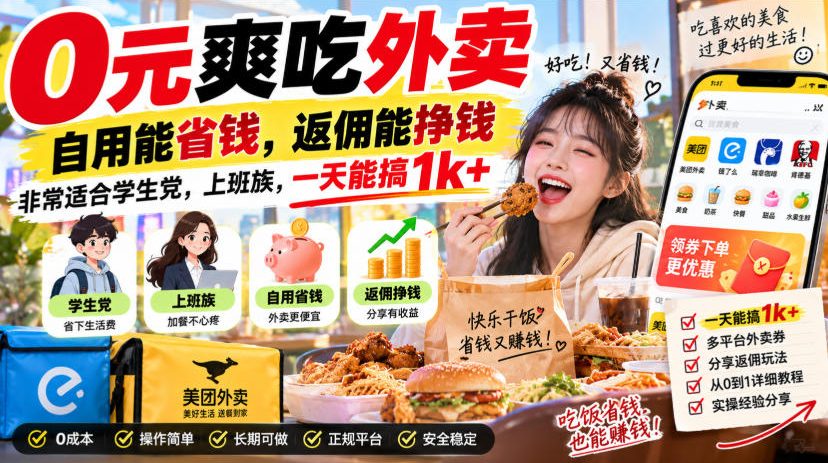 0元爽吃外卖，自用能省钱，返佣能挣钱，非常适合学生党，上班族，一天能搞1k+-优优云网创