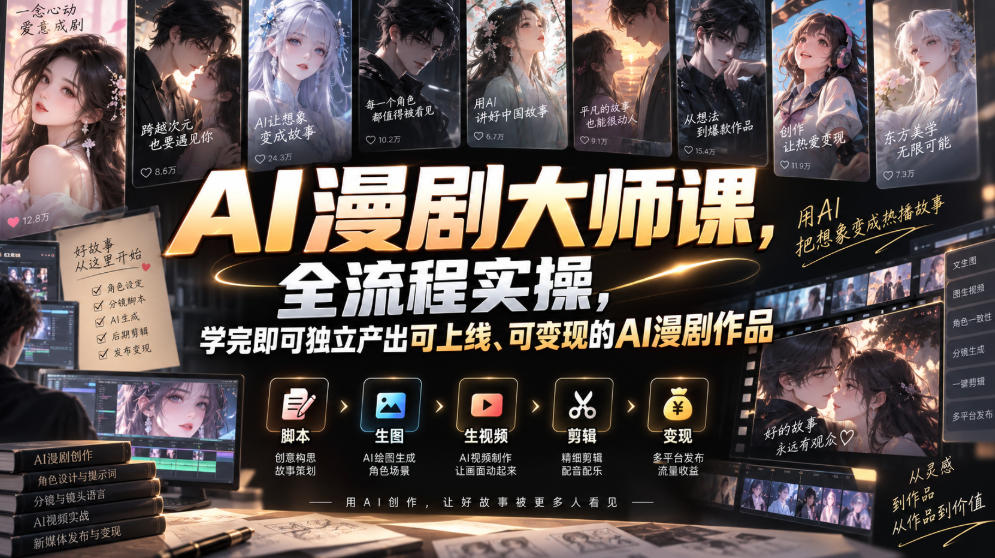 AI漫剧大师课，全流程实操，学完即可独立产出可上线、可变现的AI漫剧作品-优优云网创