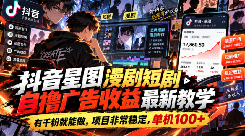 抖音星图漫剧短剧自撸广告收益最新教学，有千粉就能做，项目非常稳定，单机100+-优优云网创