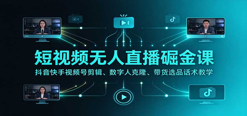 短视频无人直播掘金课：抖音快手视频号剪辑、数字人克隆、带货选品话术教学-优优云网创