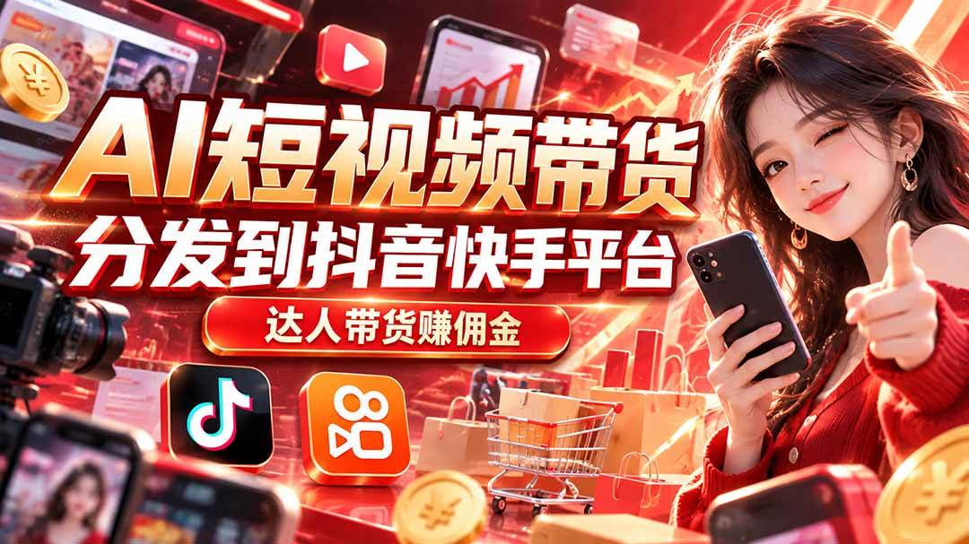 （20754期）【AI短视频带货】分发到抖音快手平台，达人带货赚佣金-优优云网创