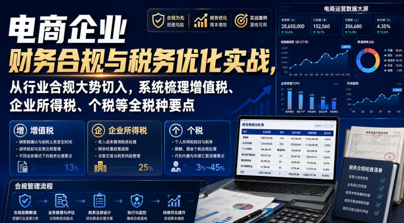 电商企业财务合规与税务优化实战，从行业合规大势切入，系统梳理增值税、企业所得税、个税等全税种要点-优优云网创