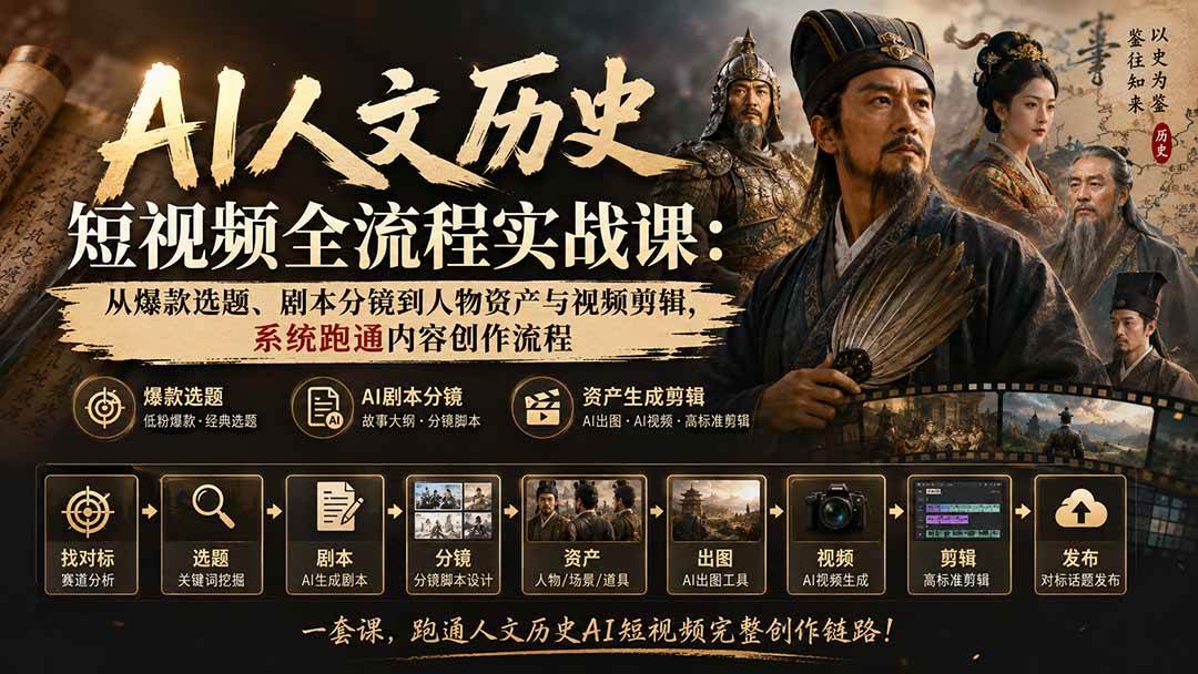 （20476期）AI人文历史短视频全流程实战课-更新：从爆款选题、剧本分镜到人物资产与视频剪辑，系统跑通内容创作流程-优优云网创