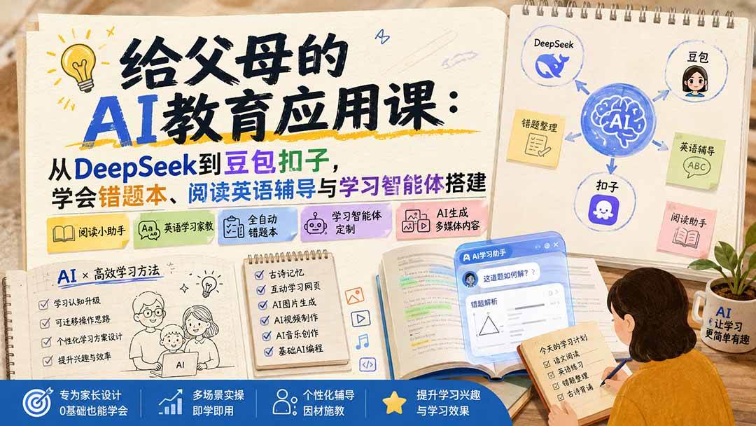 （19890期）给父母的AI教育应用课：从DeepSeek到豆包扣子，学会错题本、阅读英语辅导与学习智能体搭建