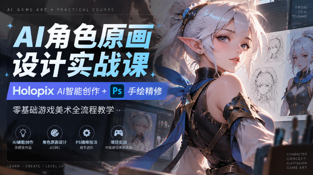 AI角色原画设计实战课｜Holopix AI智能创作+PS手绘精修，零基础游戏美术全流程教学-优优云网创