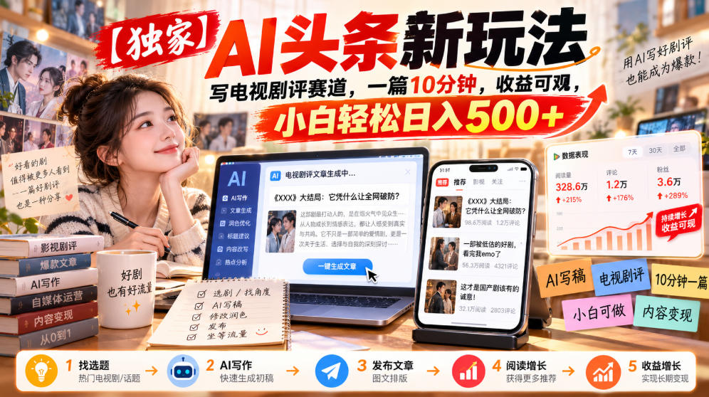【独家】AI头条新玩法，写电视剧评赛道，一篇10分钟，收益可观，小白轻松日入500+-优优云网创