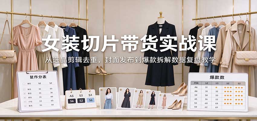 女装切片带货实战课：从选品剪辑去重，封面发布到爆款拆解数据复盘教学-优优云网创