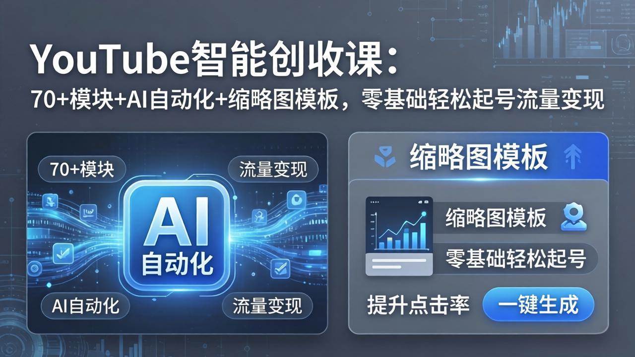 （17926期）YouTube智能创收课：70+模块+AI自动化+缩略图模板，零基础轻松起号流量变现-优优云网创