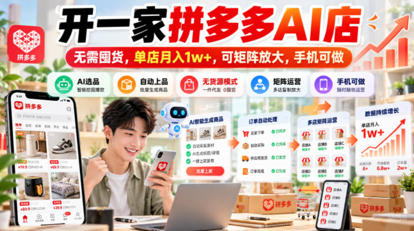 开一家拼多多AI店，无需囤货，单店月入1w+，可矩阵放大，手机可做【揭秘】-优优云网创
