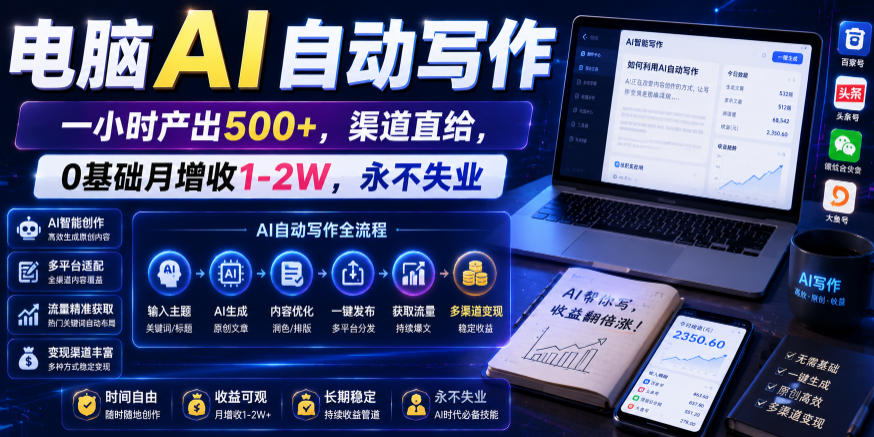电脑AI自动写作，一小时产出500+，渠道直给，0基础月增收1-2W，永不失业【揭秘】-优优云网创