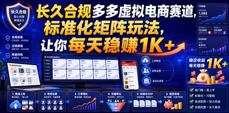 长久合规多多虚拟电商赛道，标准化矩阵玩法，让你每天稳賺1K+【揭秘】-优优云网创
