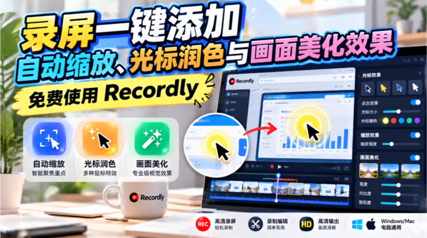 录屏一键添加自动缩放、光标润色与画面美化效果，免费使用Recordly-优优云网创