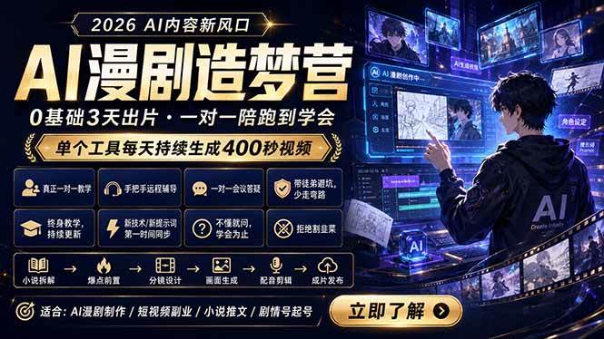(18568期)AI漫剧造梦营:0基础3天出片,单个工具每天持续生成400秒视频-优优云网创