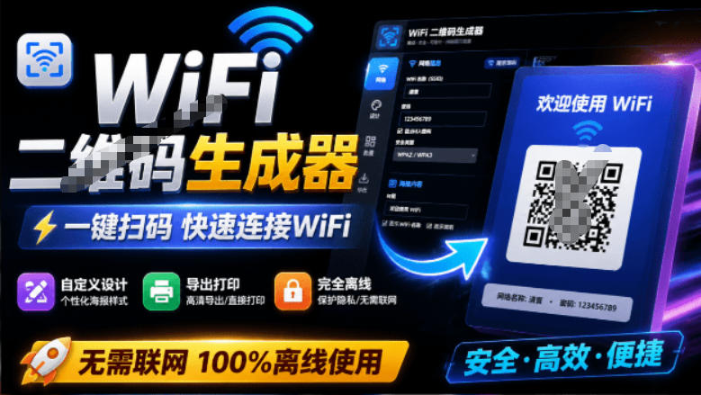 完全离线使用！WiFi二维码生成器，一键扫码快速连接WiFi，支持自定义风格导出WiFi二维码生成器-优优云网创