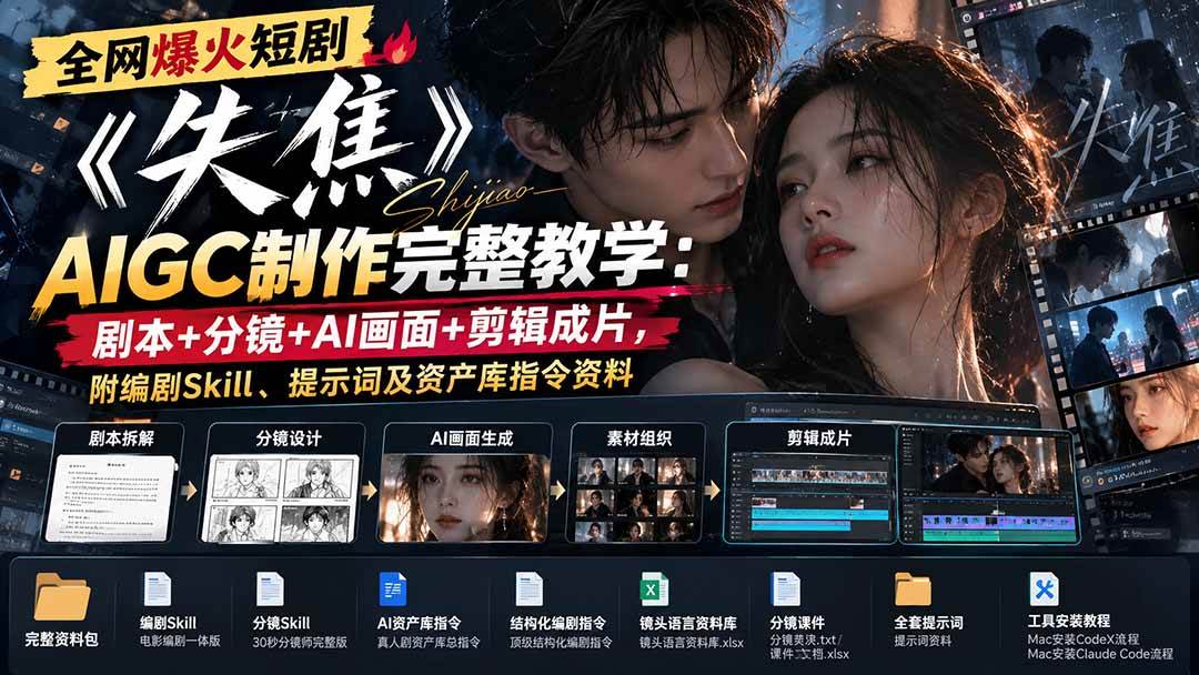 （20805期）全网爆火短剧《失焦》AIGC制作完整教学：剧本+分镜+AI画面+剪辑成片，附编剧Skill、提示词及资产库指令资料-优优云网创