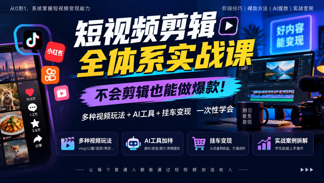 短视频剪辑全体系实战课，不会剪辑也能做爆款，多种视频玩法+AI工具+挂车变现一次性学-优优云网创