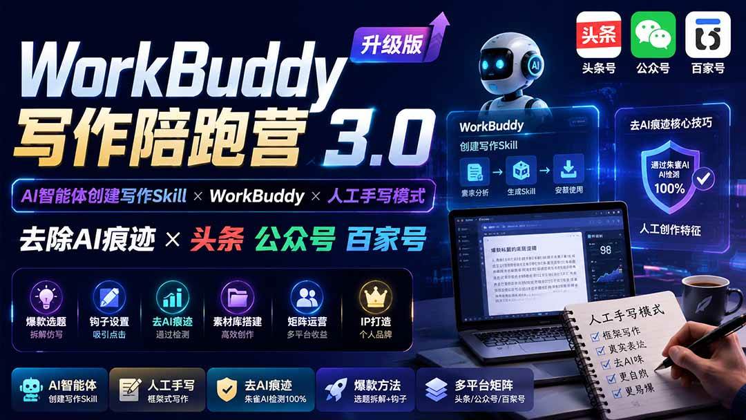 (20311期)WorkBuddy写作陪跑营3.0-更新:Ai智能体创建写作Skill×WorkBuddy×人工手写模式×去除AI痕迹×头条公众号百家号-优优云网创
