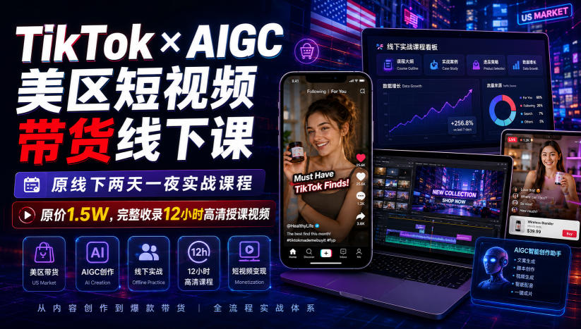 TikTok×AIGC美区短视频带货线下课，原线下两天一夜实战课程，原价1.5W，完整收录12小时高清授课视频-优优云网创