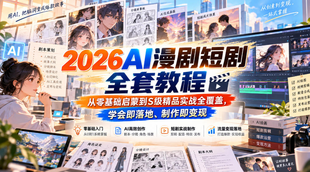 2026AI漫剧短剧全套教程，从零基础启蒙到S级精品实战全覆盖，学会即落地、制作即变现-优优云网创