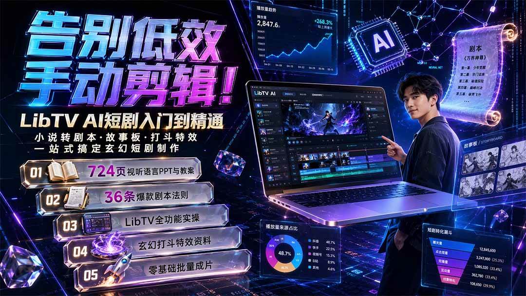 （19678期）告别低效手动剪辑！LibTV AI短剧入门到精通，小说转剧本方法，故事板打斗特效一站式搞定玄幻短剧制作-优优云网创