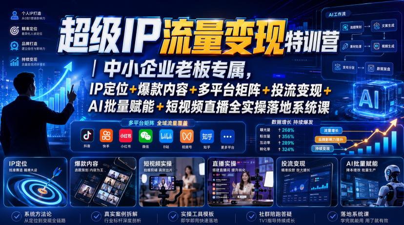 超级IP流量变现特训营｜中小企业老板专属，IP定位+爆款内容+多平台矩阵+投流变现+AI批量赋能+短视频直播全实操落地系统课-优优云网创