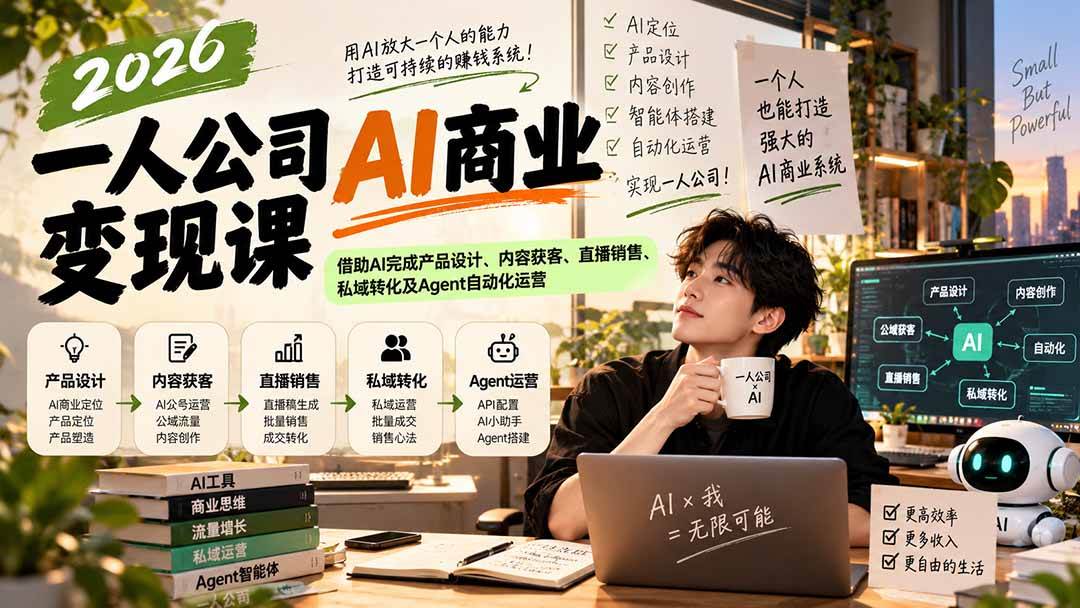 （20901期）2026一人公司AI商业变现课：借助AI完成产品设计、内容获客、直播销售、私域转化及Agent自动化运营-优优云网创