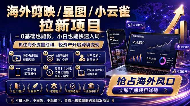 (18567期)海外剪映 / 星图 / 小云雀拉新项目 普通人也能上手的跨境流量变现副业-优优云网创