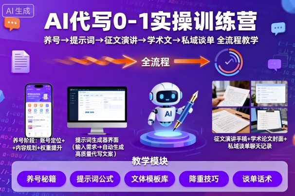 AI代写0-1实操训练营，从养号、提示词、征文演讲、学术文，到私域谈单的全流程教学-优优云网创