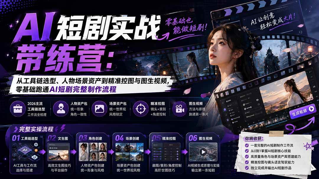 （20064期）AI短剧实战训练营：从工具链选型、人物场景资产到精准控图与图生视频，零基础跑通AI短剧完整制作流程-优优云网创