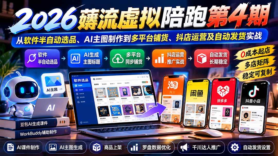 （20986期）2026薅流虚拟陪跑第4期：从软件半自动选品、AI主图制作到多平台铺货、抖店运营及自动发货实战-优优云网创