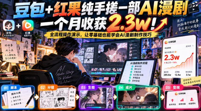豆包+红果纯手搓一部AI漫剧一个月收获2.3w!全流程操作演示,让零基础也能学会AI漫剧制作技巧 豆包+红果纯手搓一部AI漫剧一个月收获2.3w!全流程操作演示,让零基础也能学会AI漫剧制作技巧