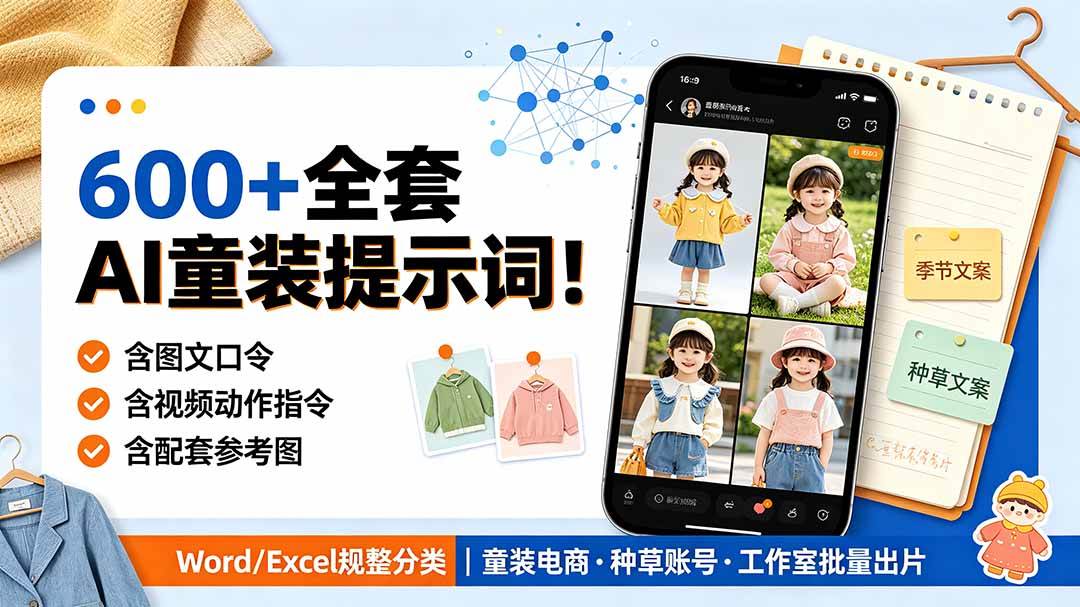 (19302期)600+全套AI童装提示词!含图文口令+视频动作指令+配套参考图,Word/Excel规整分类,童装电商、种草无脑量产内容-优优云网创