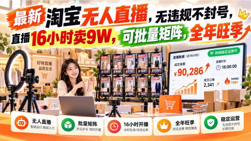 最新淘宝无人直播，无违规不封号，直播16小时卖9W，可批量矩阵，全年旺季【揭秘】-优优云网创