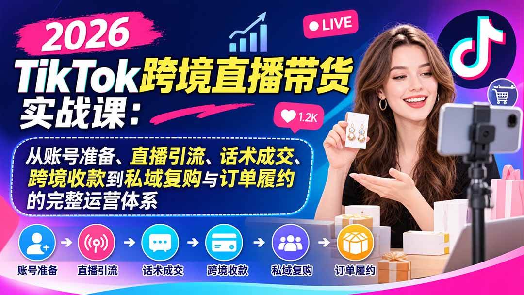 （20898期）2026TikTok跨境直播带货实战课：从账号准备、直播引流、话术成交、跨境收款到私域复购与订单履约的完整运营体系-优优云网创