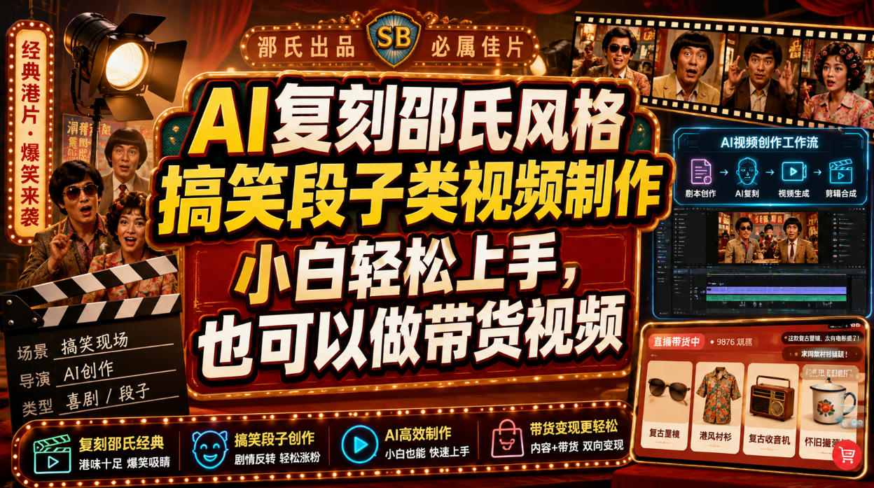 AI复刻邵氏风格搞笑段子类视频制作，小白轻松上手，也可以做带货视频-优优云网创
