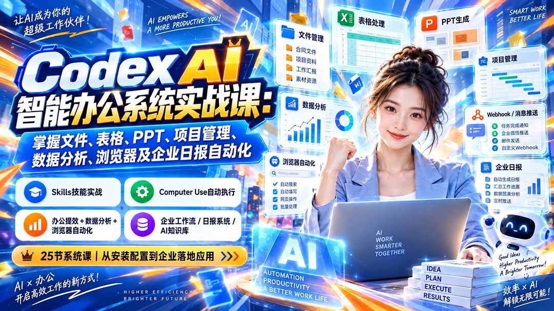 (20446期)Codex AI智能办公系统实战课:掌握文件、表格、PPT、项目管理、数据分析、浏览器及企业日报自动化-优优云网创